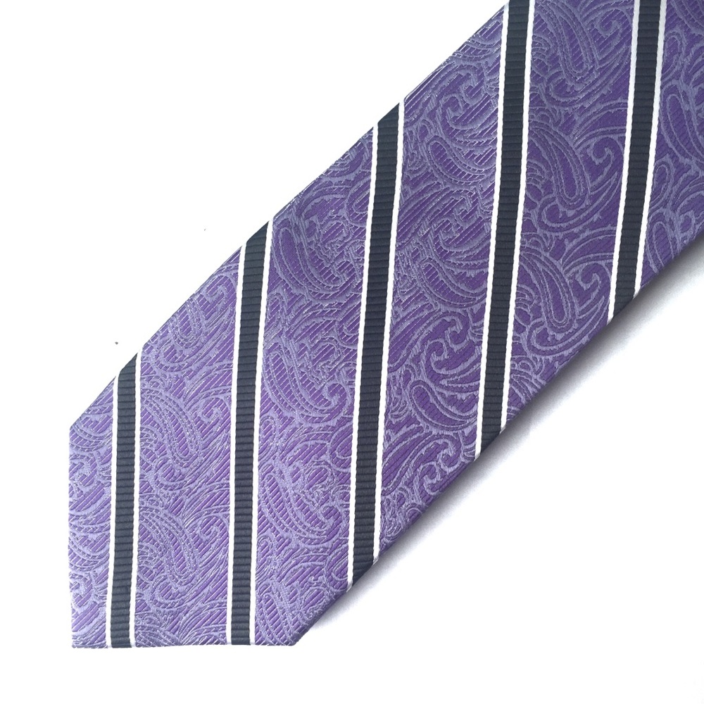 ZIANETTI Silk Tie Italian Silk Collection Purple Paisley Black White Stripes